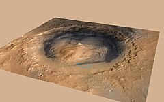 Mount Sharp rises from the middle of Gale; the green dot marks Curiosity's landing site (north is down).