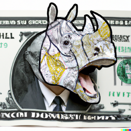 DALL·E - Dollar note showing Javan rhinoceros wearing a business suit screaming aloud with hands on the cheek while seeing the stock price crash