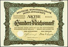 Share over 100 RM of the Deutsche Hypothekenbank (AG) of March 20, 1926 Deutsche Hypothekenbank 1926.jpg