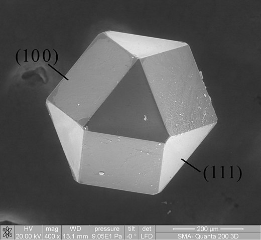 A diamond cuboctahedron showing seven crystallographic planes, imaged with scanning electron microscopy