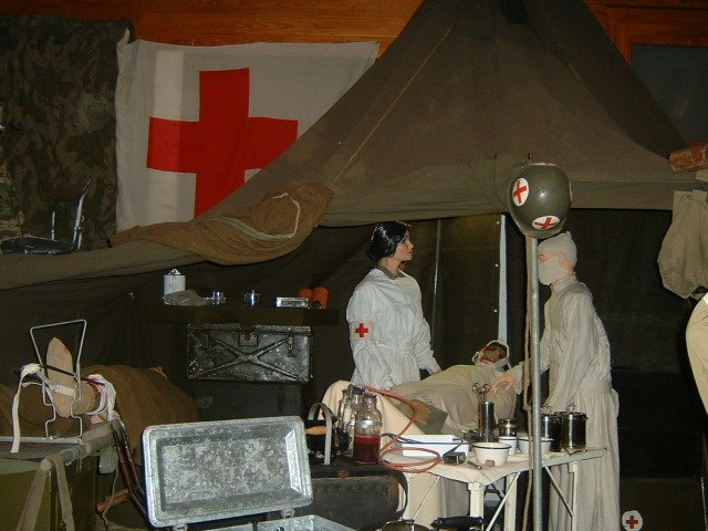WWII era field hospital re-created operating tent using puppets, Diekirch Military Museum, Luxembourg