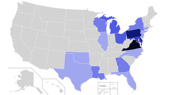 Map of trips made by Joe Biden within the United States in 2021, as of September 11th, 2021 (missing several states)
.mw-parser-output .legend{page-break-inside:avoid;break-inside:avoid-column}.mw-parser-output .legend-color{display:inline-block;min-width:1.25em;height:1.25em;line-height:1.25;margin:1px 0;text-align:center;border:1px solid black;background-color:transparent;color:black}.mw-parser-output .legend-text{}
Washington, D.C.
7 or more visits
6 visits
5 visits
4 visits
3 visits
2 visits
1 visit
No visits Domestic trips made by Joe Biden in 2021.svg