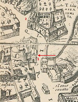 San Salvatore de Cornutis (nummer 1, vid den röda pilen) på Étienne Dupéracs karta över Rom från år 1577. Nummer 2 anger kyrkan San Silvestro al Quirinale. I nedre högra hörnet ses Monte Cavallo, ett tidigare namn för Quirinalen.