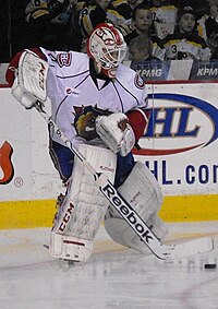 Tokarski with the Hamilton Bulldogs during the 2013-14 season. Dustin Tokarski Hamilton 2013.jpg