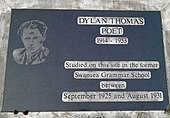 Memorial plaque on the former Mount Pleasant site of Swansea Grammar School Dylan Thomas school plaque.jpg