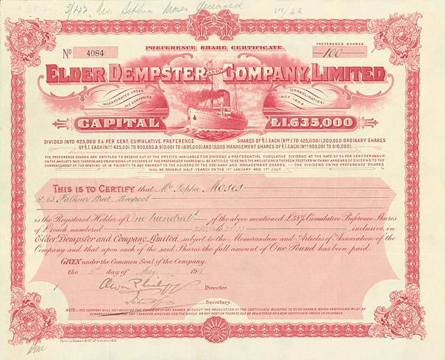 Share of the Elder Dempster and Company, Ltd, issued 5 May 1916