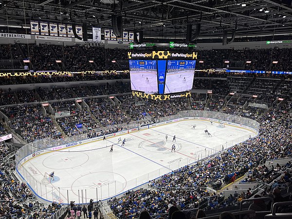 Interior of Enterprise Center during a Blues game