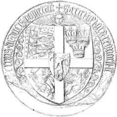 One of the seals of Eric VII "of Pomerania", 1398. Note that the three Danish lions carry a Danish flag (top-left corner).