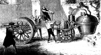 Dampfwagen von Nicholas Cugnot beim berühmten Zusammenstoß mit der Kasernenmauer