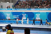 Deutsch: Fechten bei den Olympischen Jugend-Sommerspielen 2018: Tag 1, 7. Oktober 2018, Jungen, Säbel, Runde der letzten 16 - Krisztián Rabb (HUN) - Andrei Păștin (ROU) 8:9 English: Fencing at the 2018 Summer Youth Olympics at 7 October 2018 – Boys' sabre Round of 16 – Krisztián Rabb (HUN) Vs Andrei Păștin (ROU) 8:9