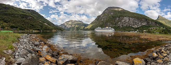 Quiet view of the Geirangerfjorden with a cruise ship‎, Norway.