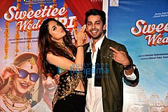 Zoya (left) with Himansh Kohli at a promotional event for Sweetiee Weds NRI in 2017. First-look-launch-of-the-film-Sweetie-Weds-NRI-5.jpg