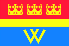 Flag of Vyborg (Russia), featuring three crowns Flag of Vyborg.svg