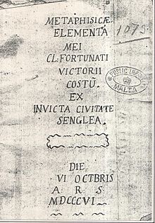 Metaphysicae Elementa (1806) of Fortunatus Victor Costa Fortunatus Victor Costa - Metaphysicae Elementa.jpg