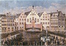 Ceremonial acceptance of the civic oath for the Free City of Frankfurt on October 16, 1816, in front of the Romer. Contemporary lithograph, J. Susenbeth, Institut fur Stadtgeschichte Frankfurt am Main Frankfurt am Main Romer Burgereid 1816.jpg