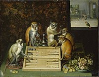 Monkeys playing backgammon label QS:Len,"Monkeys playing backgammon" label QS:Lpl,"Małpy grające w trik-traka" Between 1599 and 1642 date QS:P,+1500-00-00T00:00:00Z/6,P1319,+1599-00-00T00:00:00Z/9,P1326,+1642-00-00T00:00:00Z/9 . oil on copper medium QS:P186,Q296955;P186,Q753,P518,Q861259 . 18 × 22.7 cm (7 × 8.9 in). Staatliches Museum Schwerin.