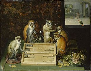 Opice hrající begemon, olej na mědi, 18,0 x 2,7 cm