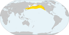 Mapa de distribuição do papagaio-do-mar-de-penachos      área de residência      área de reprodução      área de visita no inverno