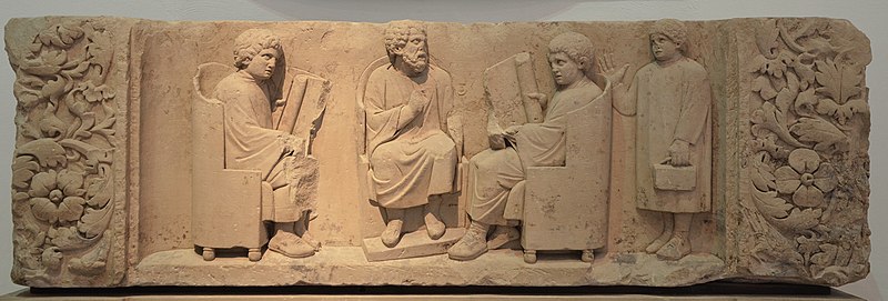 File:Funerary relief found in Neumagen near Trier, a teacher with three discipuli, around 180-185 AD, Rheinisches Landesmuseum Trier, Germany (29656302165).jpg