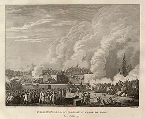 The National Guard fires on demonstrators in the Champ de Mars (July 17, 1791) Fusillade du Champ de Mars (1791, 17 juillet).jpg