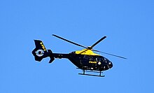 One of the National Police Air Service's EC135 aircraft, which make up the majority of their fleet. The larger EC145 aircraft are primarily reserved for use in London. G-POLC (31867220474).jpg