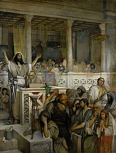 Christ preaching at Capernaum label QS:Len,"Christ preaching at Capernaum" label QS:Lpl,"Chrystus nauczający w Kafarnaum" label QS:Lfr,"Christ prêchant à Capharnaüm" . 1878-1879. oil on canvas medium QS:P186,Q296955;P186,Q12321255,P518,Q861259 . 271.5 × 209 cm (106.8 × 82.2 in). Warsaw, National Museum in Warsaw (MNW).