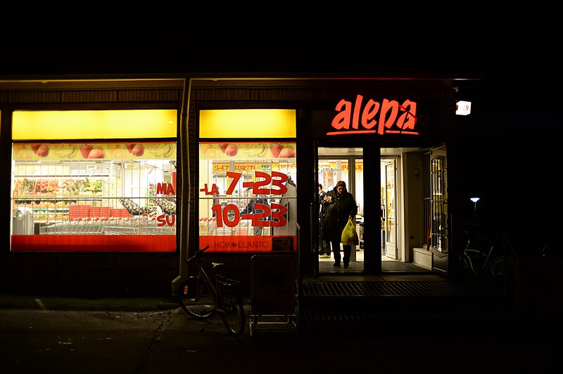 File:Grocery store Alepa at night, Finland, 2013 December.jpg