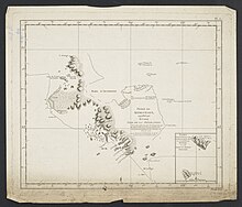 Carte de James Cook de 1784 sur laquelle figurent, sous leur nom, les îles de la Fortune (à droite au centre) avec la mention Terre vue pour la 1re fois.