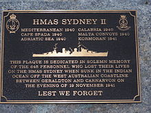 Memorial to HMAS Sydney at the state war memorial in Western Australia HMAS Sydney memorial 01 gnangarra.jpg