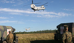 Two CH-46 "Sea Knights" soar away as they transport Marines injured in a simulated improvised explosive device attack during a level one and level two casualty evacuation exercise performed by 2nd Medical Battalion, 2nd Marine Logistics Group, at Camp Lejeune on October 31, 2007. HMM-264 CH-46 during exercise at Camp Lejeune October 2007.jpg