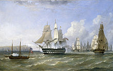 Warrior protecting a convoy passing Reefness (the Rosnaes peninsula, Denmark), September 1807 HMS Warrior.jpg