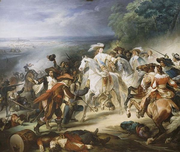 Battle of Rocroi, 19 May 1643, the duc d'Enghien ordering his troops to stop fighting the Spanish, who have come to him to surrender