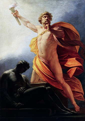 Prometheus Brings Fire by Heinrich Friedrich Füger. Prometheus brings fire to mankind as told by Hesiod, with its having been hidden as revenge for the trick at Mecone.