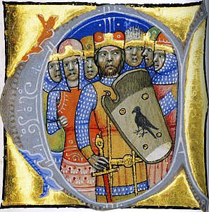 The seven chieftains of the Hungarians, Árpád, Grand Prince of the Hungarians is in the middle with a Turul shield (Chronicon Pictum, 1358)