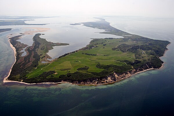 Aerial view of the cliff at the Dornbusch lighthouse, north hook of the island Hiddensee