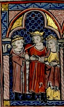 A crowned man puts together the hands of a crowned man and a crowned woman