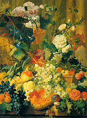 Hollyhocks and Fruit by Two Columns