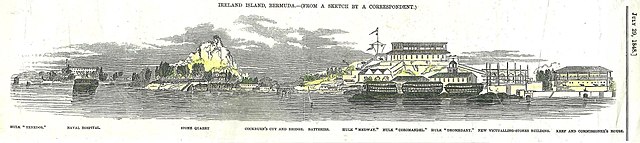 1848 Woodcut of HMD Bermuda on Ireland Island, Bermuda, showing prison hulks