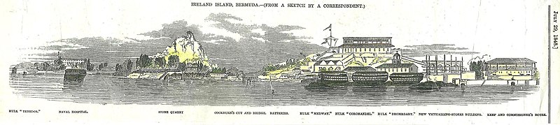 1848 Woodcut of HMD Bermuda on Ireland Island, Bermuda, showing prison hulks Ireland Island Woodcut.jpg