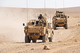Modern reconnaissance vehicles can perform skirmishing duties, as is shown here by members of the British 4 Mechanised Brigade, Brigade Reconnaissance Force mounted on Jackals, on a training exercise in Jordan, in preparation for deployment to Afghanistan in 2009 Jackal 2 Convoy in Jordan MOD 45151209.jpg