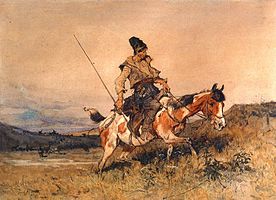 Cossack rider label QS:Len,"Cossack rider" label QS:Lpl,"Jezdziec kozacki" , 1877, 26.5 × 36.5 cm (10.4 × 14.3 in), Private collection institution QS:P195,Q768717