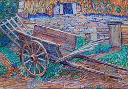 A wheelbarrow in front of a farm, 1920