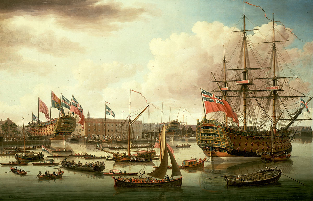 HMS Royal George, right, shown fictitiously at the launch of HMS Cambridge in 1755 by John Cleveley the Elder (1757)