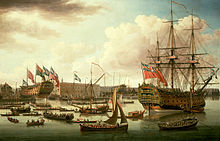 A lively depiction of Deptford Dockyard in the mid-eighteenth century (John Cleveley the Elder, 1755). John Cleveley the Elder, The Royal George at Deptford Showing the Launch of The Cambridge (1757).jpg