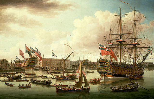 HMS Royal George (right) shown fictitiously as already afloat during the launch of HMS Cambridge in 1755. Painted by John Cleveley the Elder in 1757.