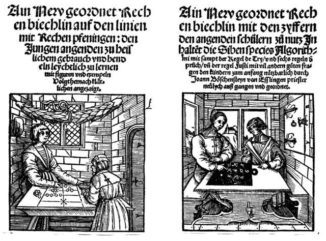 Two arithmetic books published in 1514 – Köbel (left) using a calculation table and Böschenteyn using numerals