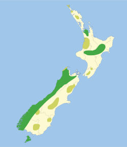 alt=Distribución histórica del kakapo:      maxima Distribución desde 1840      Evidencia fósil