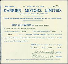 Share certificate of Karrier Motors Ltd, issued 21 March 1930 Karrier Motors Ltd 1930.jpg