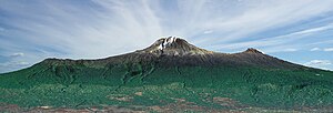 The three peaks of the Kilimanjaro massif from left to right: Shira, Kibo and Mawenzi