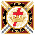 騎士儀礼のロゴ。末広十字に「IN HOC SIGNO VINCES」。